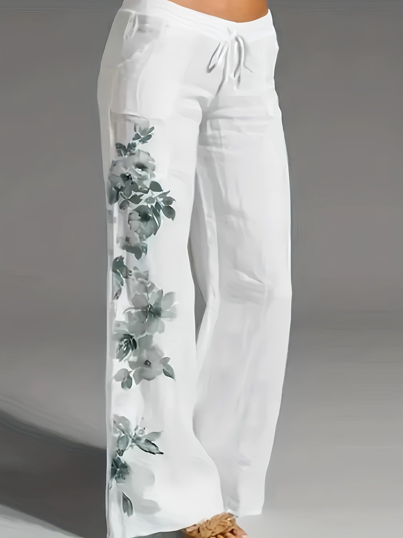 White Watercolor Rose Print Wide - Leg Casual Pants for Women, Spring/Summer Lightweight Loose - Fit Trousers, Versatile Commuter and Vacation Pants - veyora