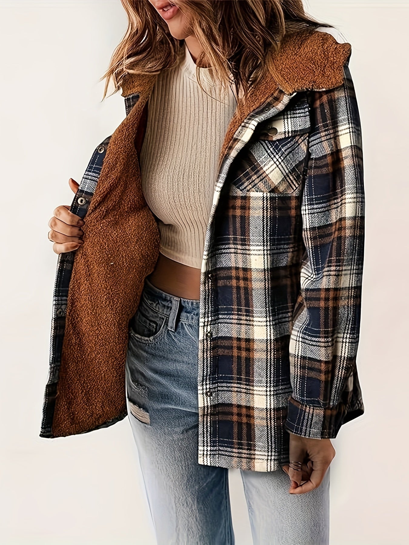Autumn/Winter Women's Plaid Long - Sleeve Hooded Warm Jacket - veyora