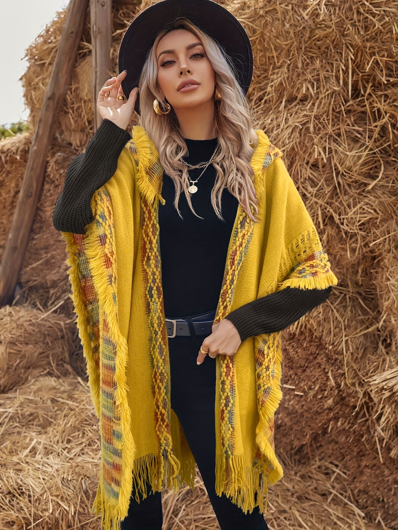 Elegant Fabric Comfortable High - Elastic Soft Hooded Yellow Fringe Cape for Chinese New Year - veyora