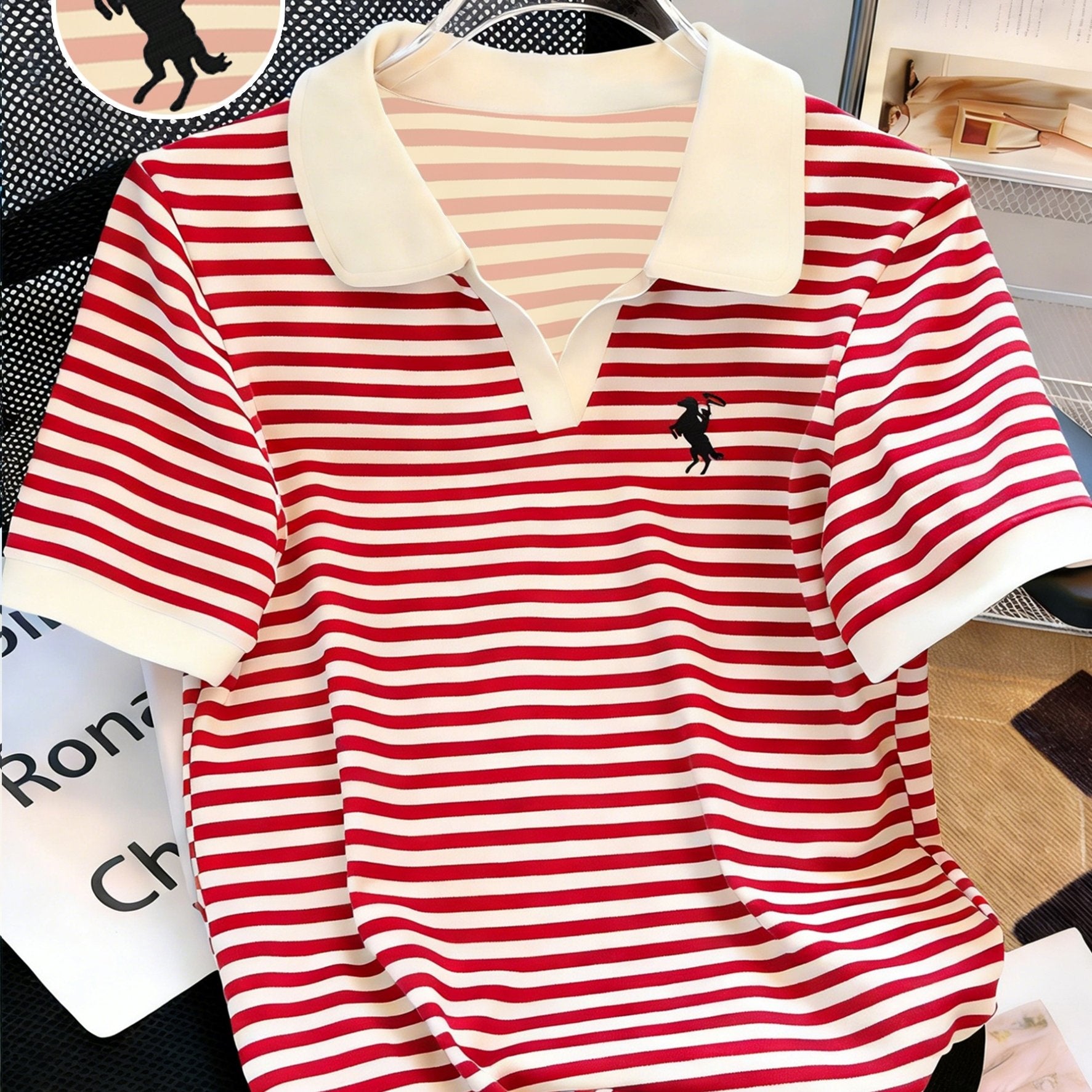 Knight Stripe Embroidered Women's Neck Short Sleeve T-Shirt, Stylish Stripe Contrast Color Versatile Casual Summer Top, Machine Washable All - Season Comfort Fit - veyora