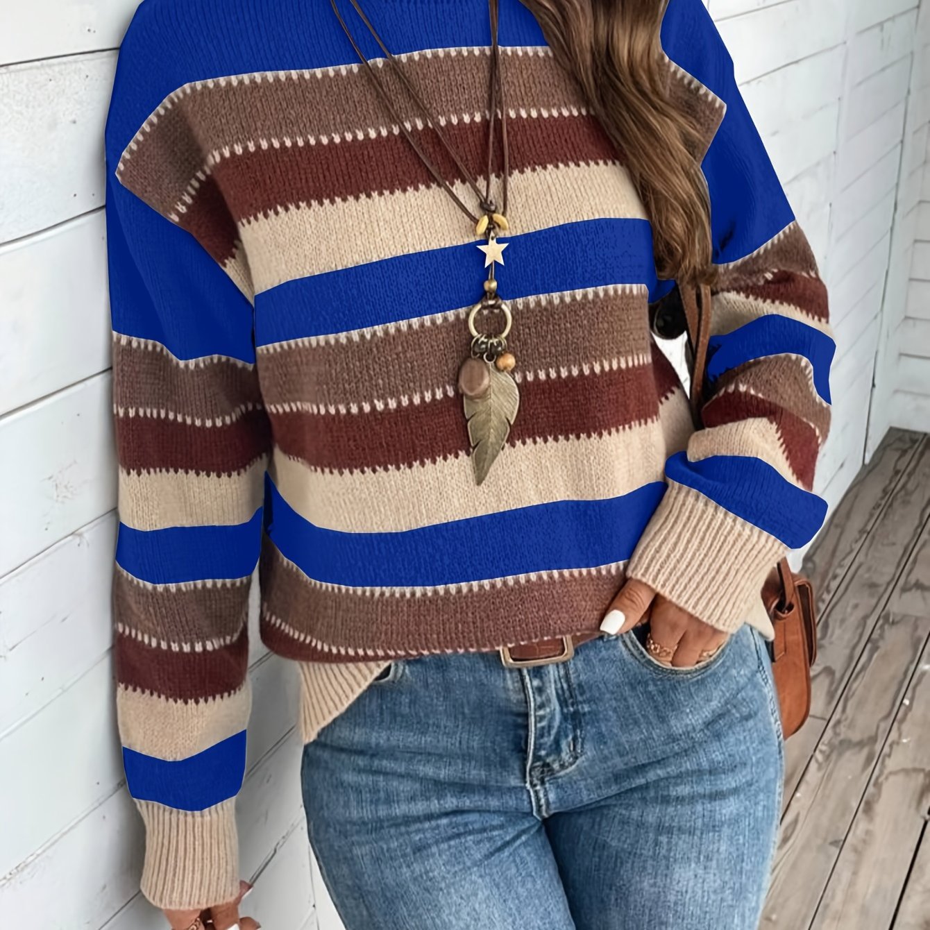 Vibrant Color Block Crew Neck Sweater - Soft, Cozy, Vintage - Inspired Long Sleeve Sweater for Fall and Winter - Womens Fashionable Clothing for Casual Daily Wear - veyora