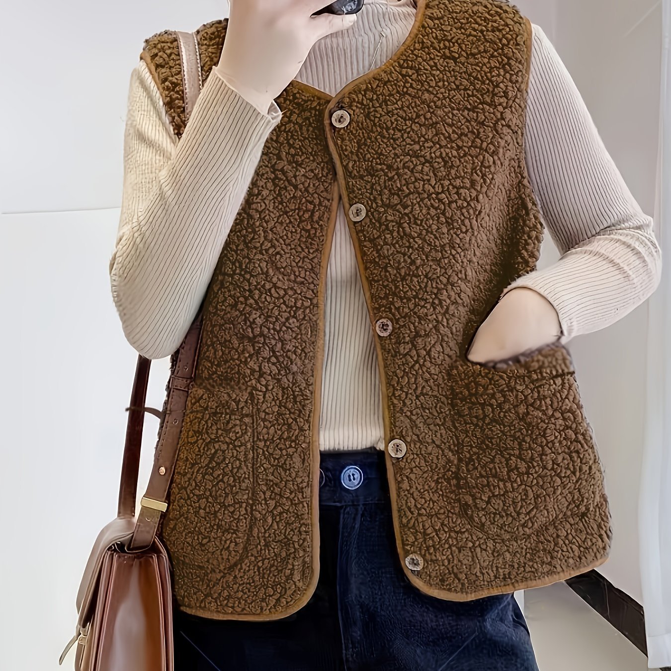 Women'S Button Lamb Vest Winter Spring Can Be Worn Outside Plush Vest Casual Fashion Cute Coat Solid Color Double Pockets - veyora