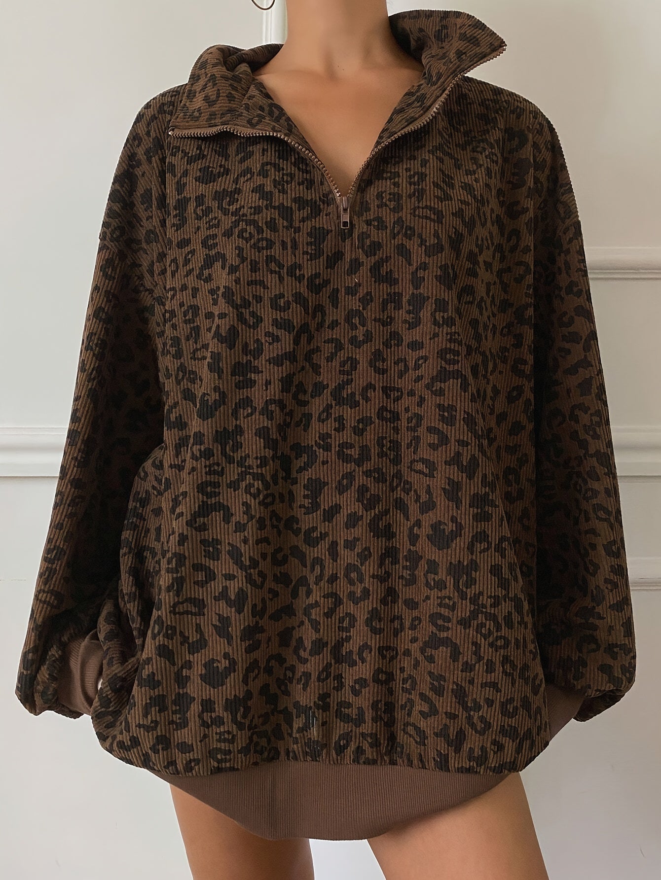 Spring/Summer/Autumn Women's Casual Zip - Up Long Sleeve Leopard Print Sweatshirt with Turn - Collar - veyora