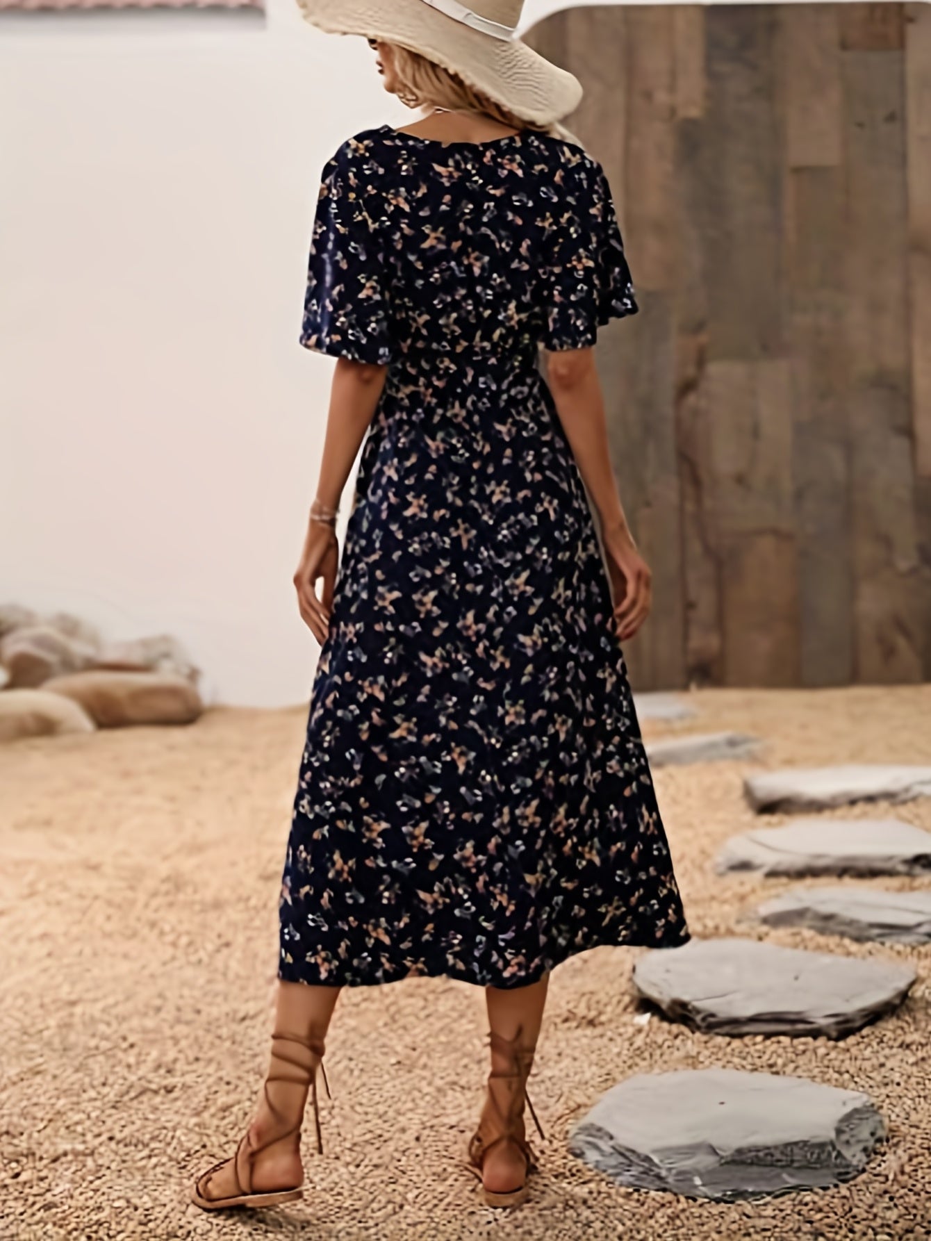 Boho V Neck Slim Waist Floral Print Dress - Flutter Sleeve Women's Clothing