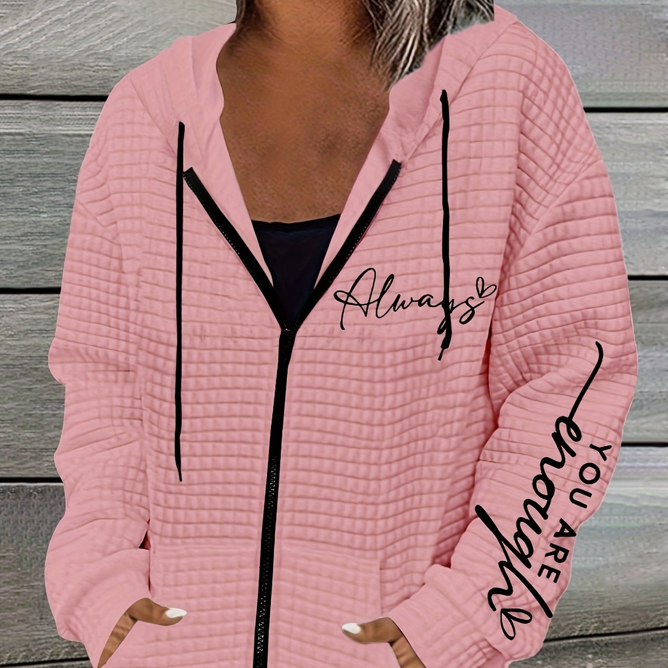 Letter Print Zipper Dual Pockets Hoodie, Casual Long Sleeve Drawstring Hoodies Sweatshirt, Women's Clothing - veyora