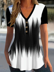 Women's Color Art V - Collar Creative Print Short Sleeve T-Shirt Casual Women's Top - veyora