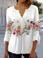 Floral Print Notched Neck Blouse, Casual Button Front Blouse For Spring & Summer, Women's Clothing - veyora