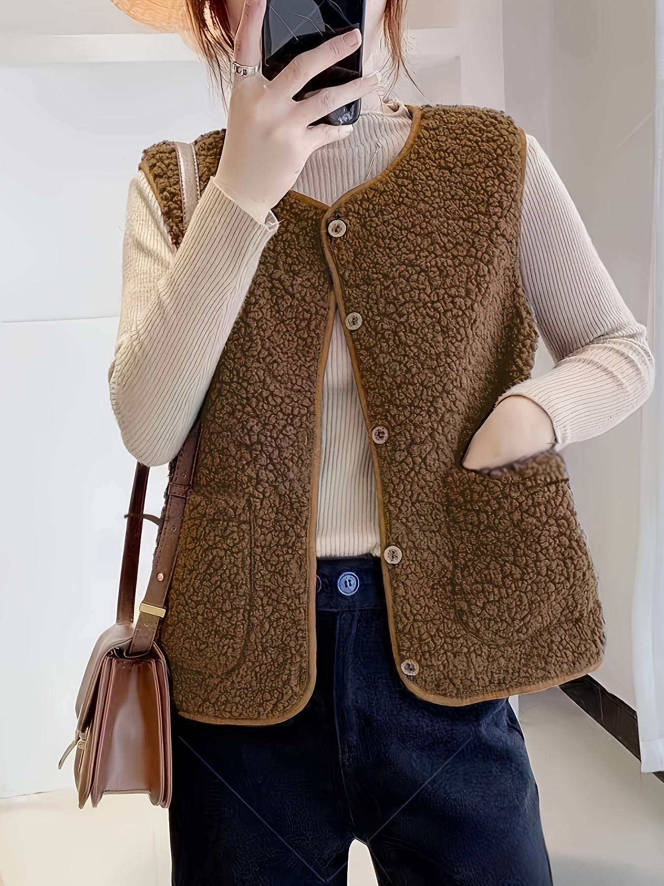 Women'S Button Lamb Vest Winter Spring Can Be Worn Outside Plush Vest Casual Fashion Cute Coat Solid Color Double Pockets - veyora