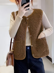 Women'S Button Lamb Vest Winter Spring Can Be Worn Outside Plush Vest Casual Fashion Cute Coat Solid Color Double Pockets - veyora