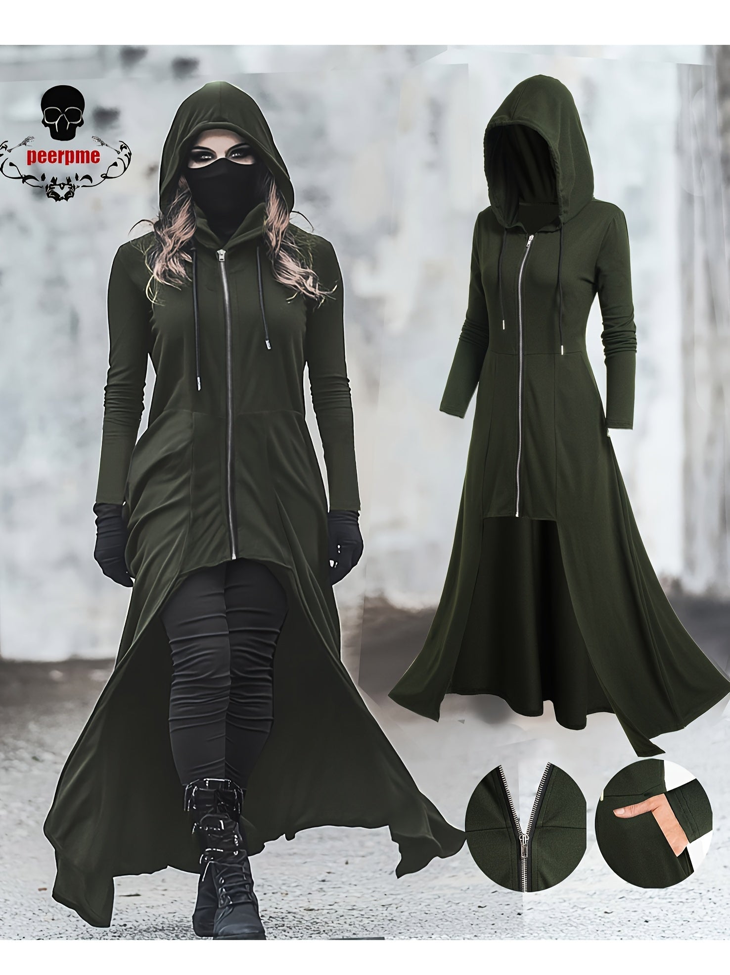 Gothic Style Zip Up Jacket, Casual Long Sleeve Hooded Extra - long Swallowtail Jacket for Holiday & Cosplay, Women's Clothing - veyora