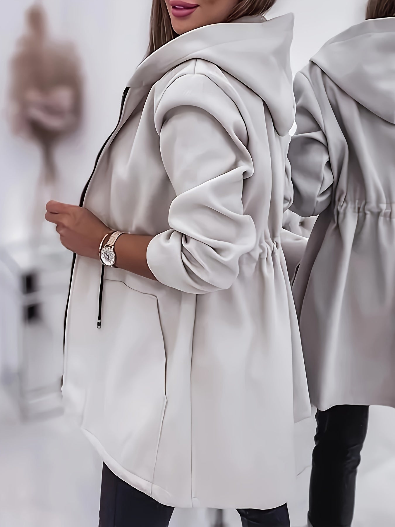 Machine Washable Polyester Women's Casual Hooded Jacket with Drawstring, Zip Pockets for Fall/Winter, Solid Color