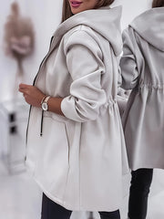 Machine Washable Polyester Women's Casual Hooded Jacket with Drawstring, Zip Pockets for Fall/Winter, Solid Color