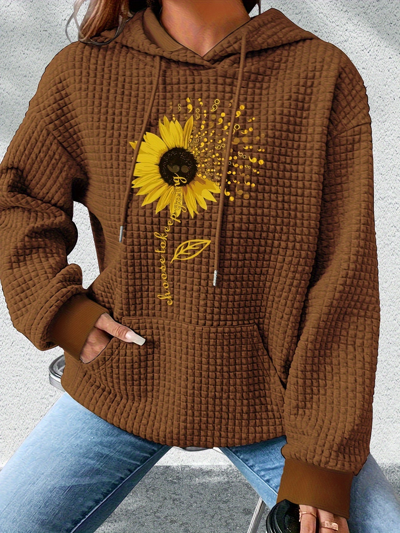 Sunflower Print Waffle Hoodie, Drawstring Kangaroo Pocket Casual Hooded Sweatshirt For Winter & Fall, Women's Clothing - veyora