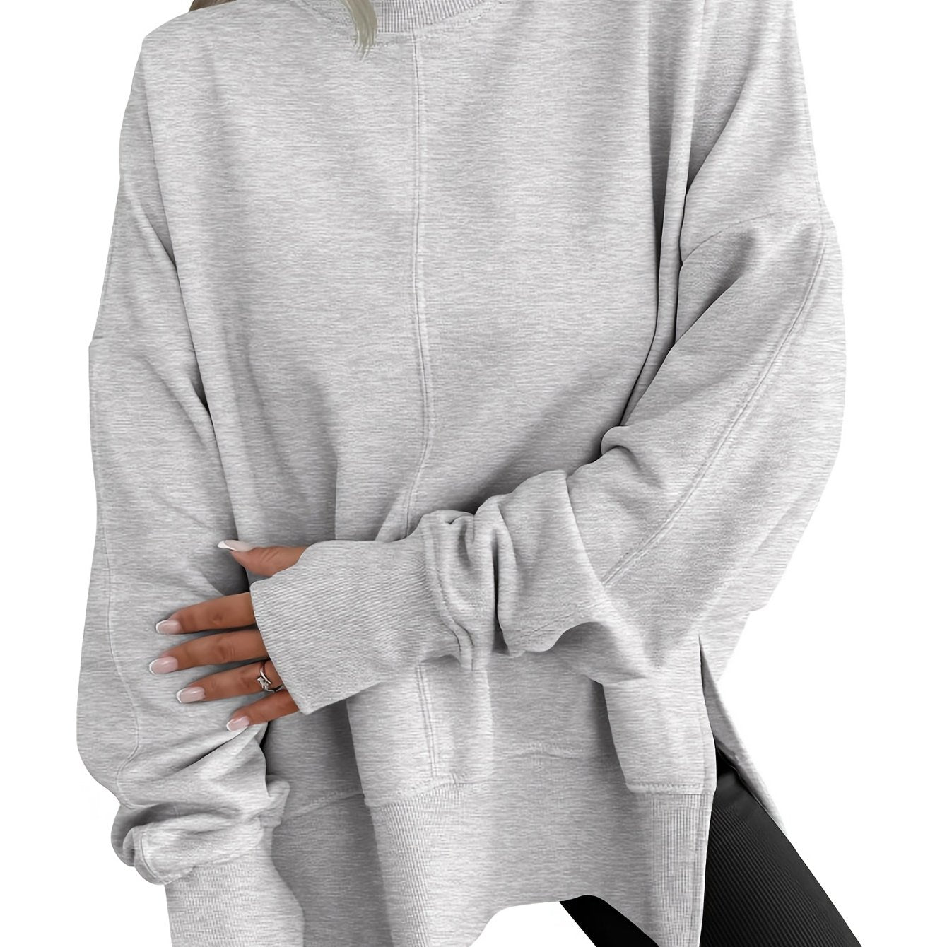 Casual Women'S Hoodie Featuring a Loose Fit, Side Slits, Round Neckline, Batwing Sleeves, And a Velvet Material - veyora
