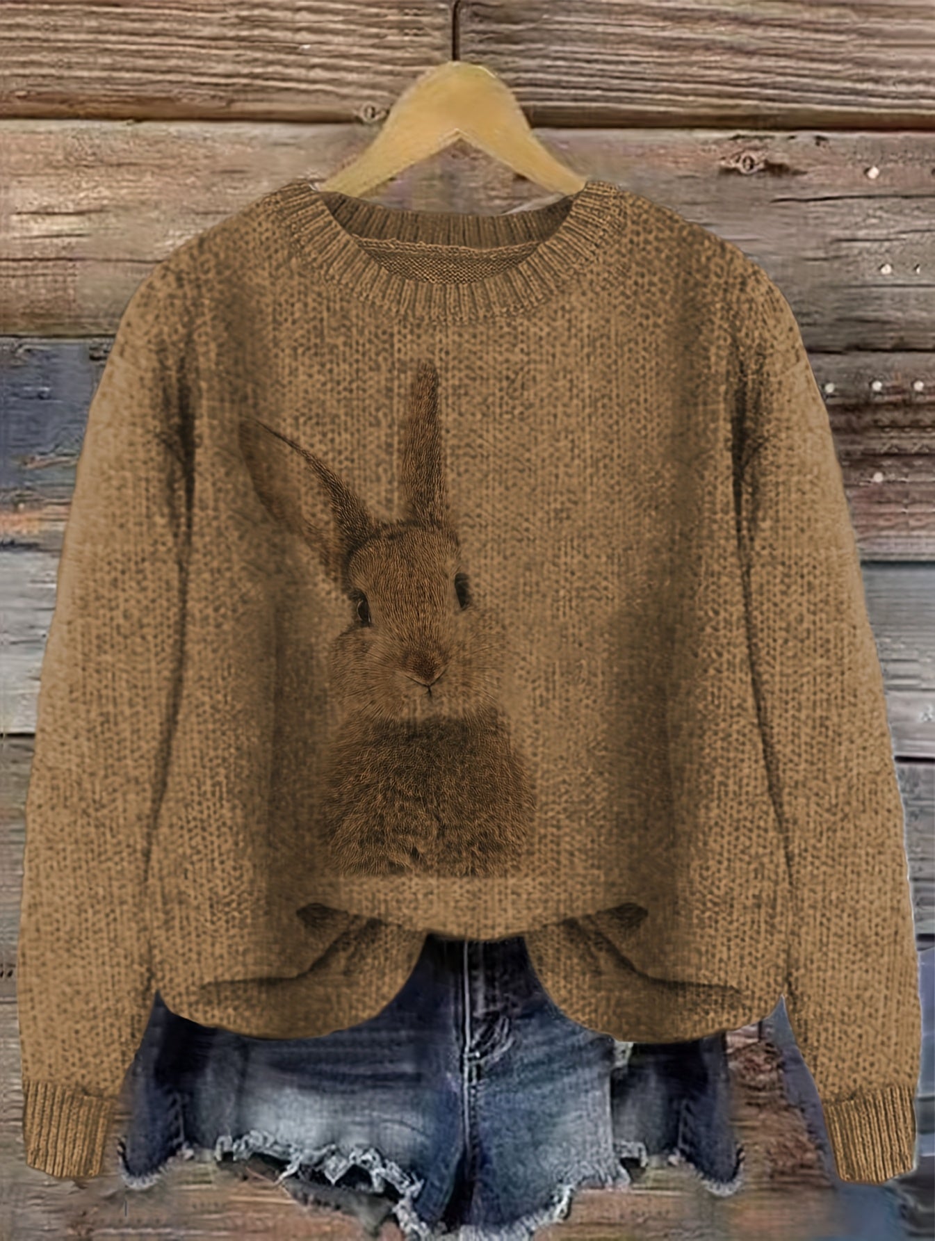 Women's Casual Rabbit Print Color-Block Round Neck Pullover Sweater - Light Blue & White Contrast, Medium Stretch Cozy Fall Winter Knit Top, Relaxed Fit Clothing | Soft Texture Apparel