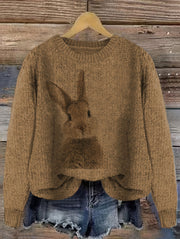 Women's Casual Rabbit Print Color-Block Round Neck Pullover Sweater - Light Blue & White Contrast, Medium Stretch Cozy Fall Winter Knit Top, Relaxed Fit Clothing | Soft Texture Apparel