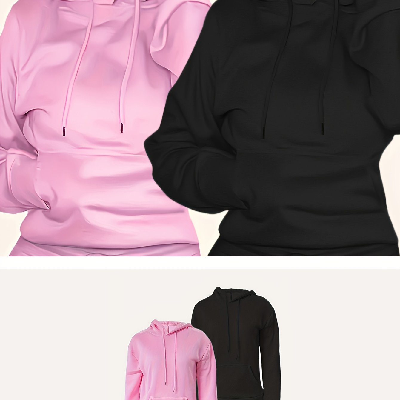 2Pcs Women's Solid Color Hoodies - Cozy Polyester Blend, Long Sleeve with Pockets Women's Tops, Machine Washable - Perfect for Fall & Winter - veyora