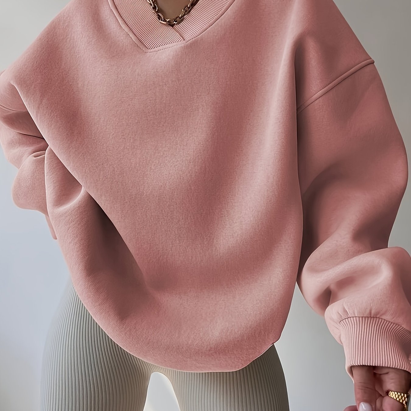 Women'S Fashion Large Cross - collar Loose Version Sweatshirt | Casual V - neck, Slight Stretch Fabric, Solid Color, Fall/Winter Season, Pullover Style, Brand: WCQ - veyora