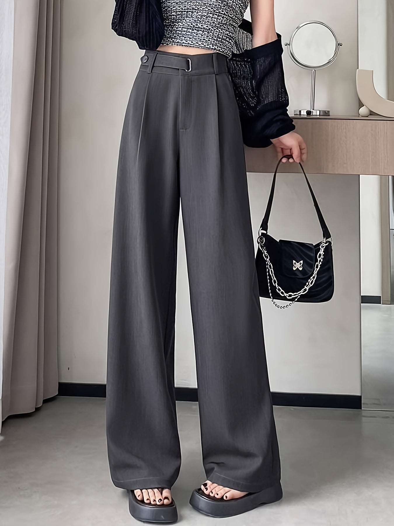 2026 New Summer Black High - End Feel Suit Pants for Women, High - Waist, Draped, Straight - Leg, Slim Fit, Wide - Leg Trousers, Belt - Free, Essential Versatile Workwear for Spring, Summer, and Autumn - veyora