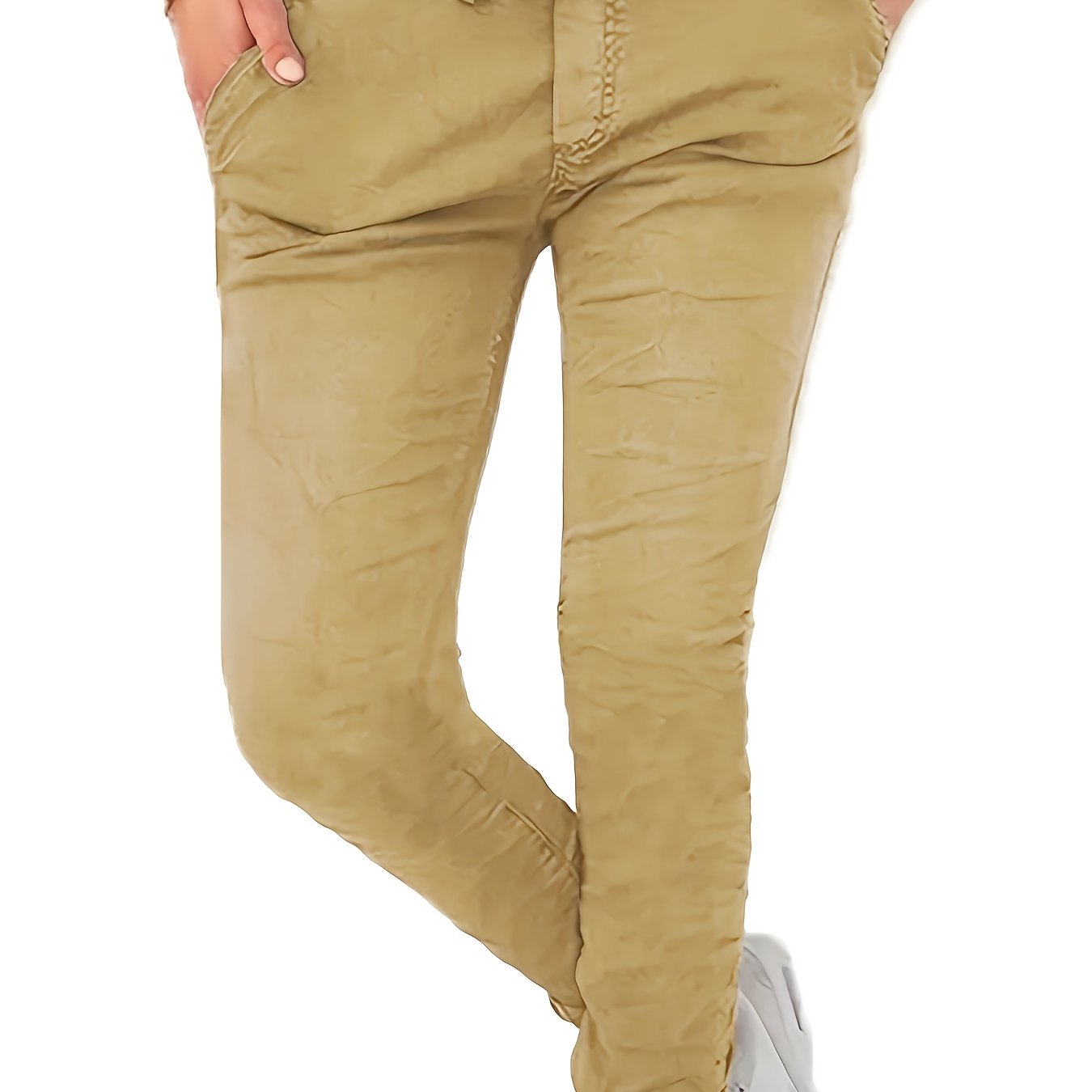 Women's Stretchy Solid Color Casual Pants - High Waist, Drawstring, with Pockets | Machine Washable | Perfect for Spring/Fall - veyora