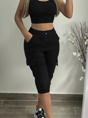 Women'S Elastic Waist Casual Pants with Multiple Pockets, Cropped Solid Color Sweatpants, Cycling Pants, And Cargo Pants - veyora