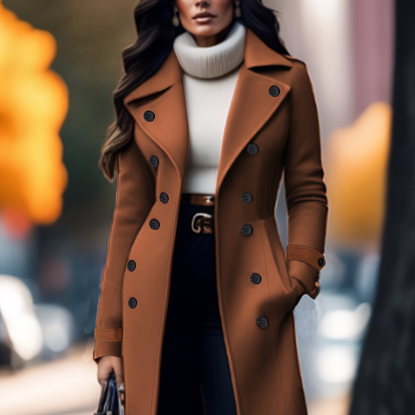 Elegant Solid Color Double - Breasted Overcoat for Women - Polyester, Machine Washable, Non - Stretch Fabric - Perfect for Fall/Winter - veyora
