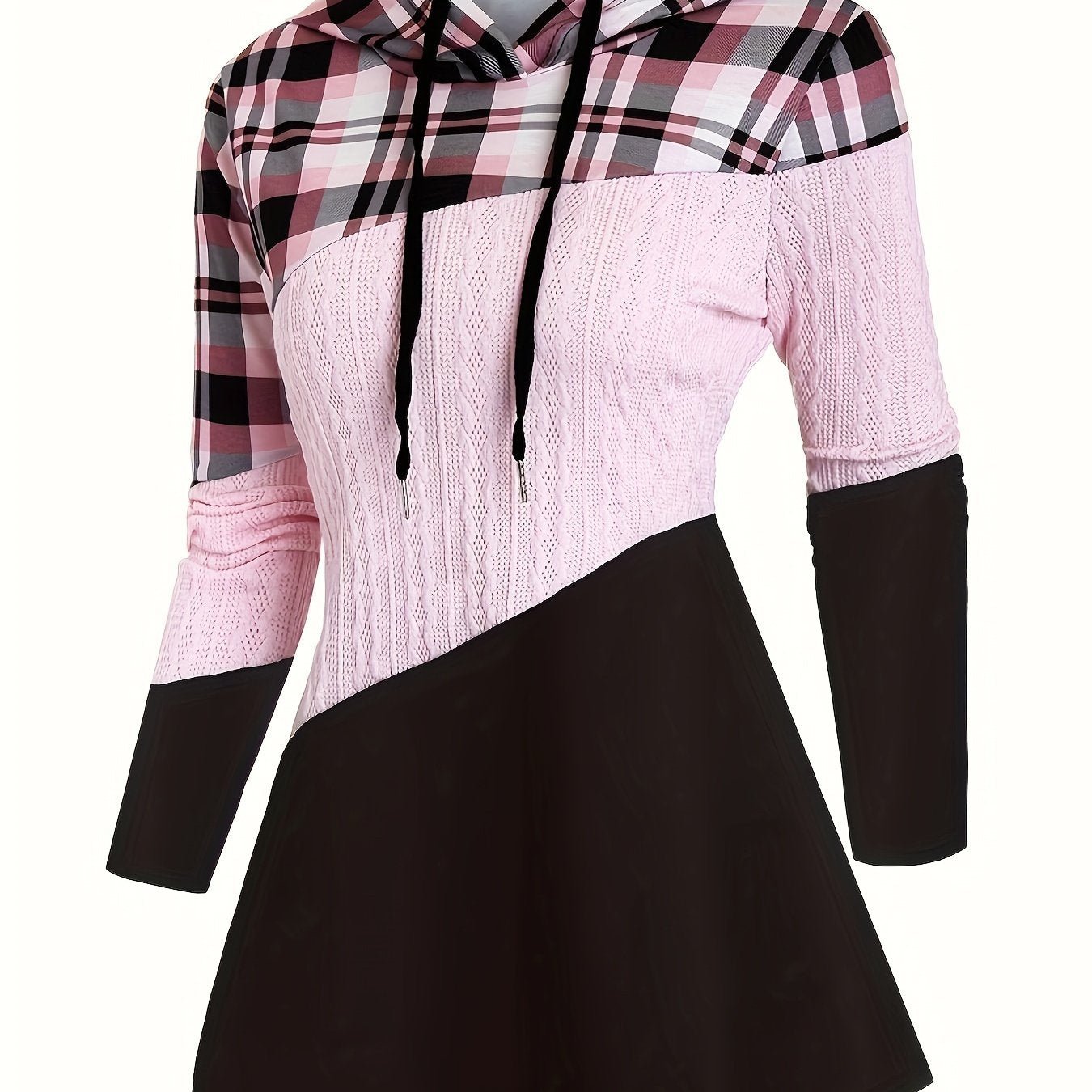 Women's Plaid Patchwork Hooded Long Sleeve Drawstring Pullover Casual Fashion Hoodie - veyora