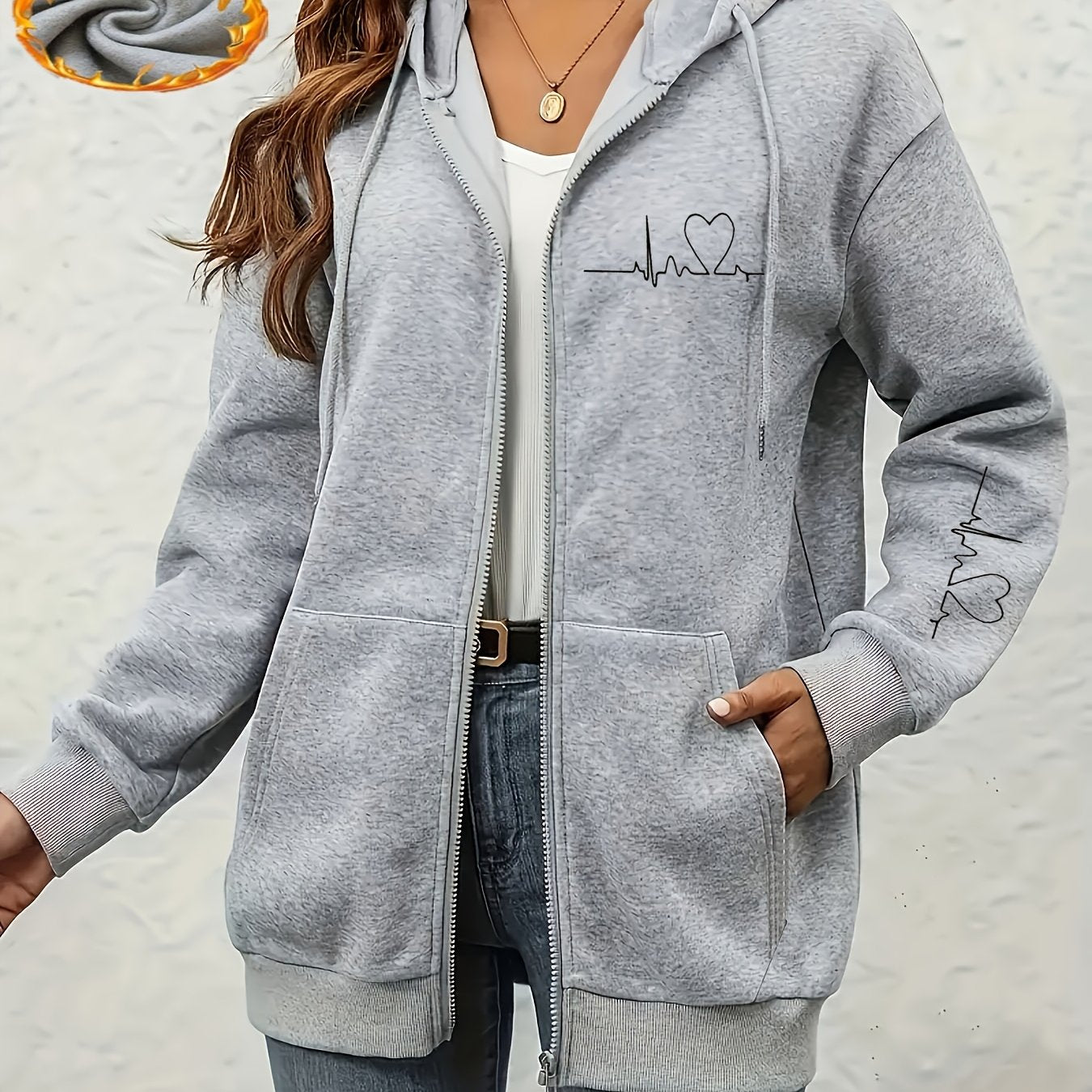 Women's Thick - Lined Hooded Zip - Up Sweatshirt, Warm and Comfortable Geometric Print Top Sweatshirt Jacket with Drawstring Hood, Kangaroo Pocket, for Casual Streetwear, Autumn/Winter Warm Long - Sleeve Pullover Sweatshirt - veyora