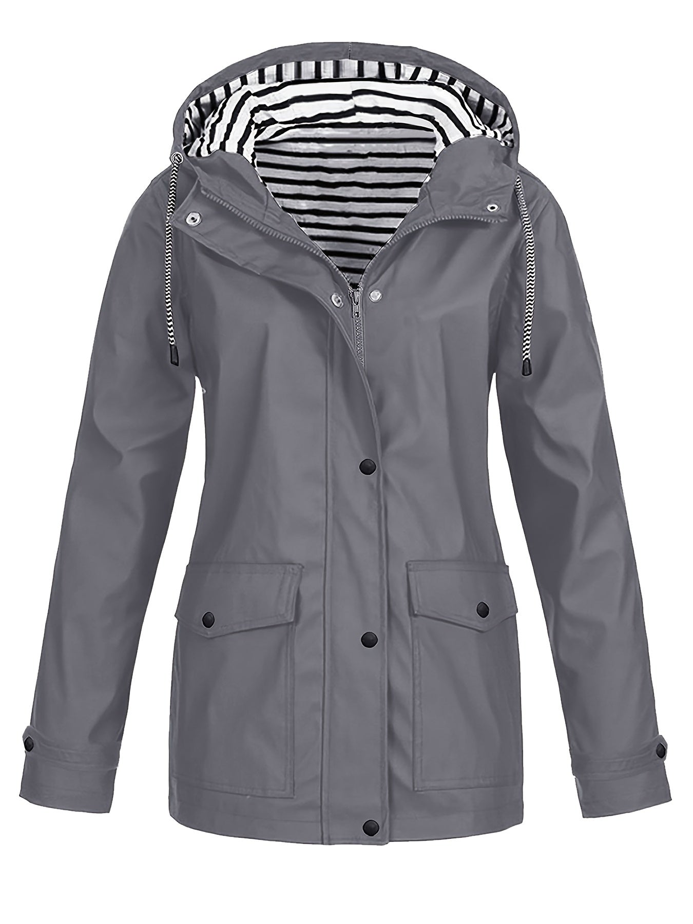 Casual Long Sleeve Drawstring Hooded Striped Lined Zip Up Jacket - Women's Outerwear For Fall & Winter Clothing