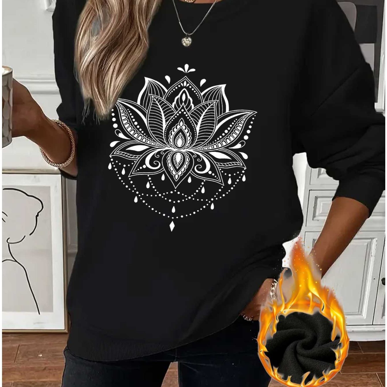 Mandala for Lotus Pattern Print Women's Daily Casual Plus Thickened Pullover Sweater - veyora