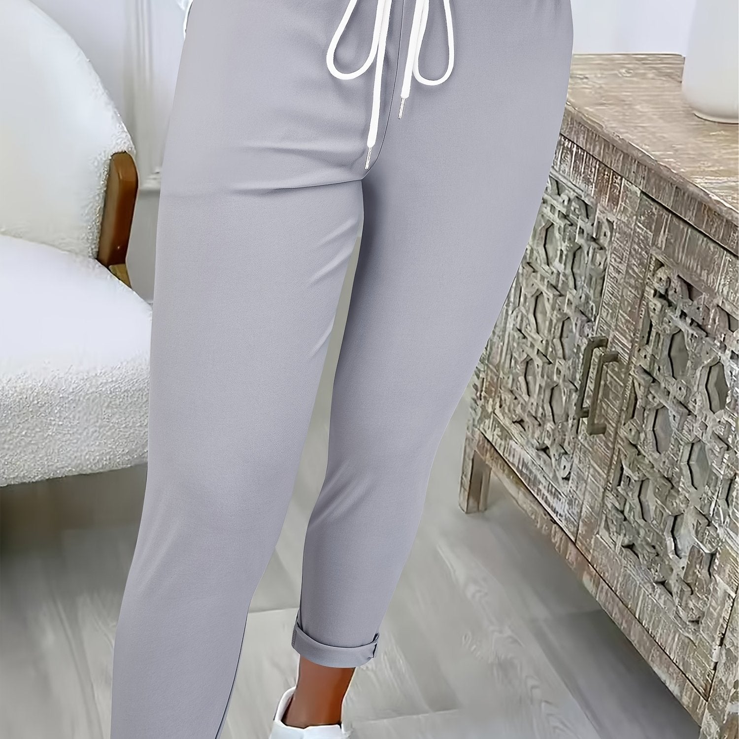 Women's Solid Color Casual Wide - Pants with Elastic Drawstring Waist - Trousers Suitable for, Casual Attire & Semi - Formal Attire - Machine Washable Solid Color Pants - veyora