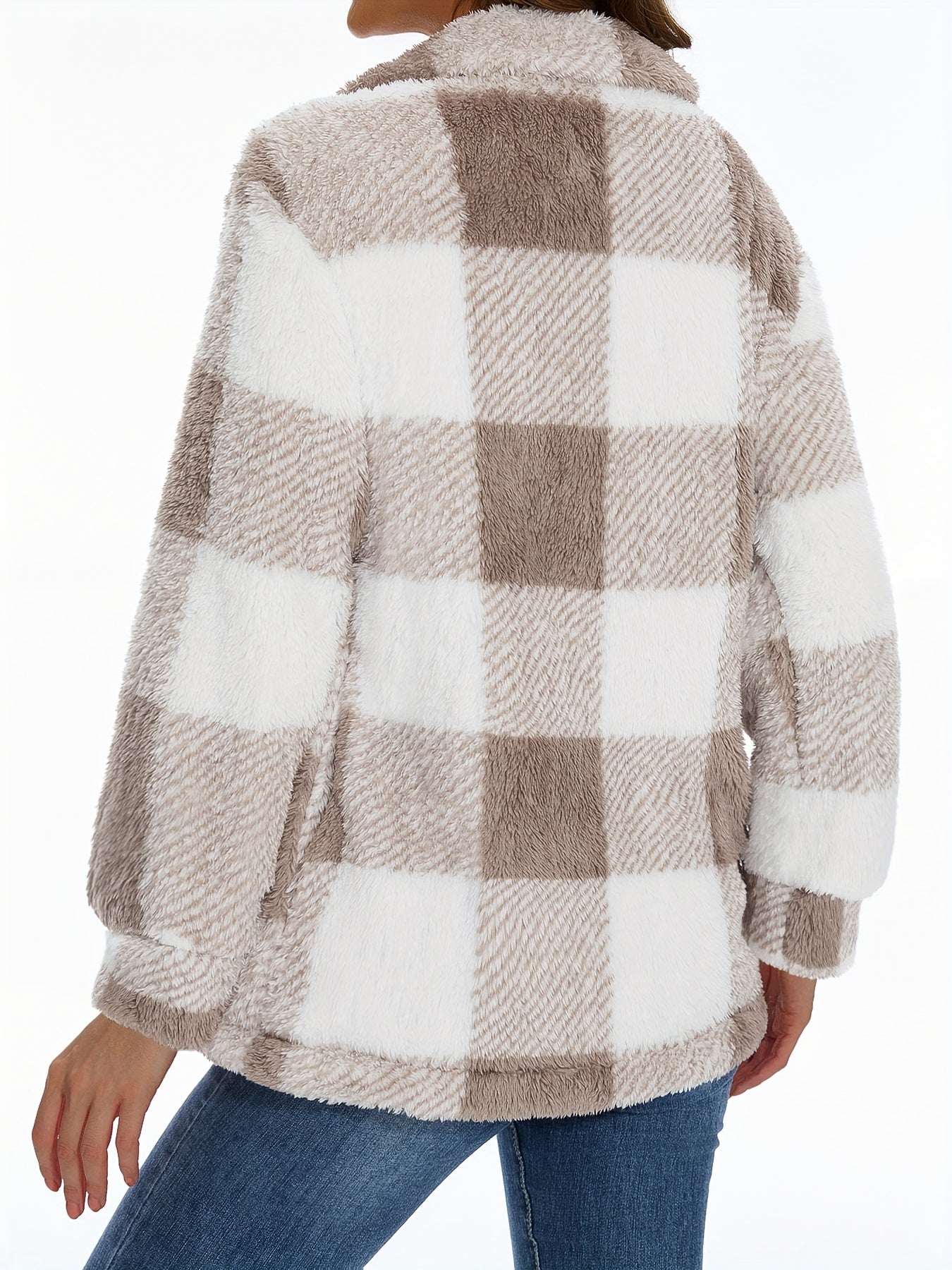 Button - Up Teddy Coat with a Plaid Design, Adaptable Long - Sleeve Winter Thermal Outerwear, Women'S Apparel - veyora