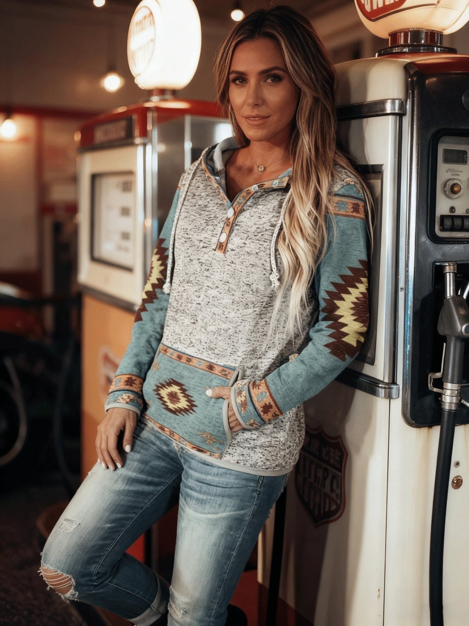 Women'S Casual Hoodie with Ethnic Prints from The West, Vintage Button - Up Sweatshirt for Women - veyora