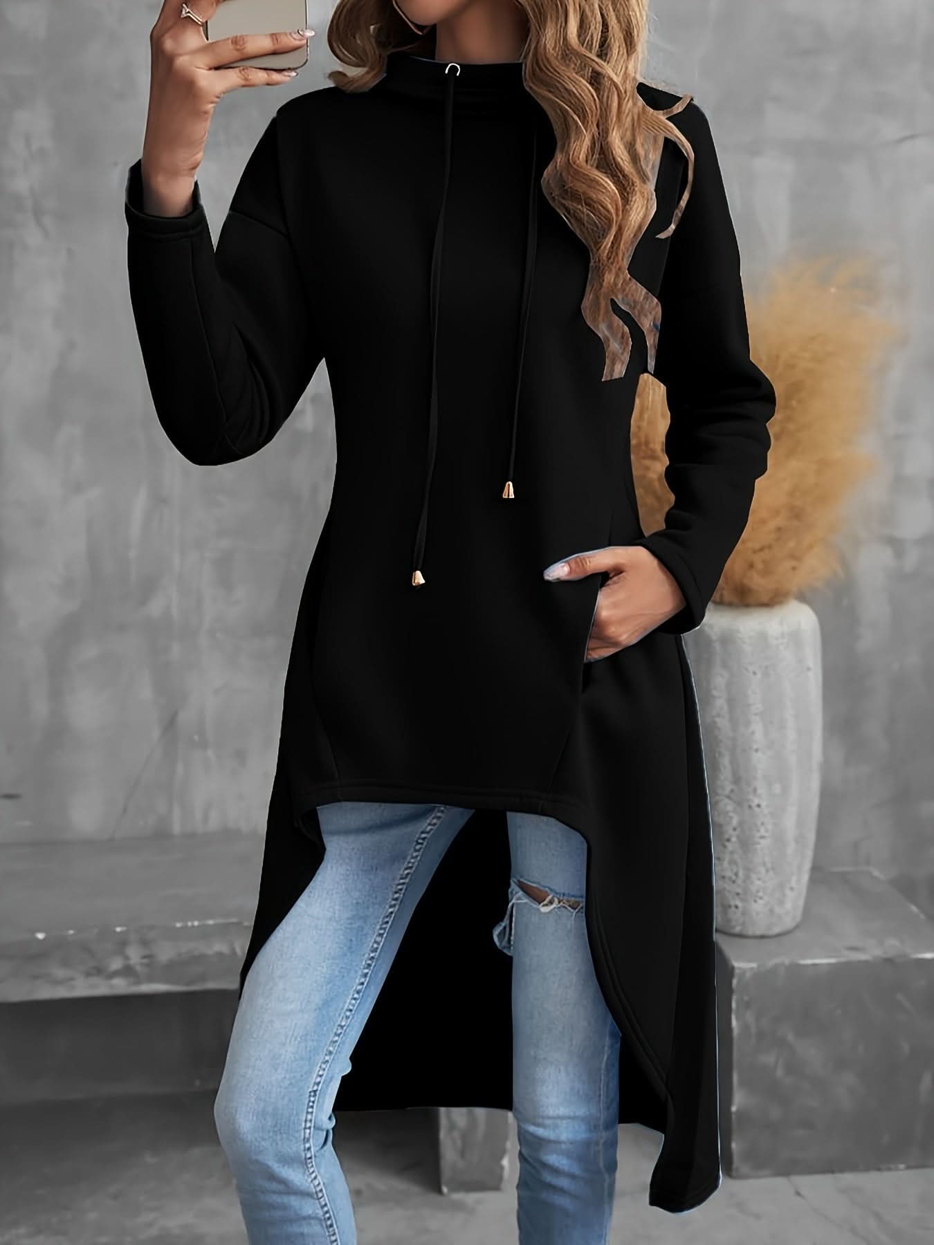 Directional Pocket Long - Sleeve Mid - Length Hooded Sweatshirt - veyora