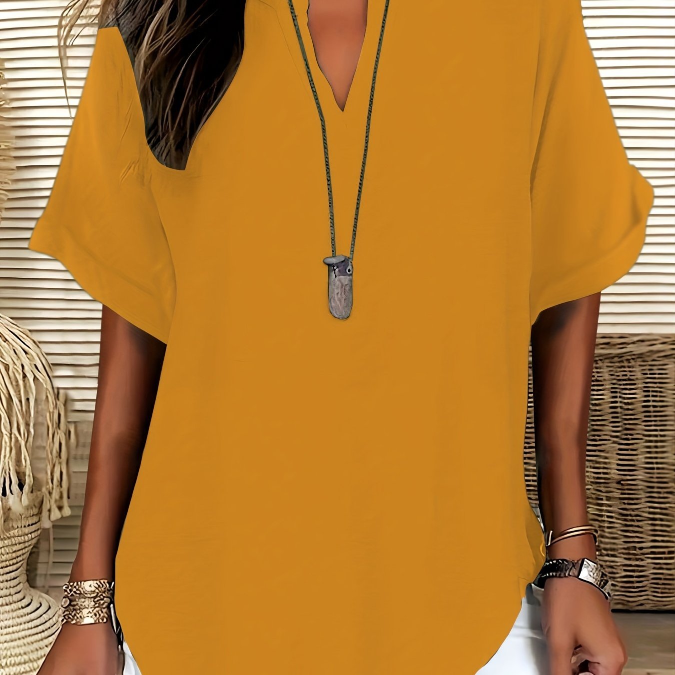 Women's V - neck Drop Shoulder Sleeves Solid Color Loose Short Sleeve Shirt Top - veyora
