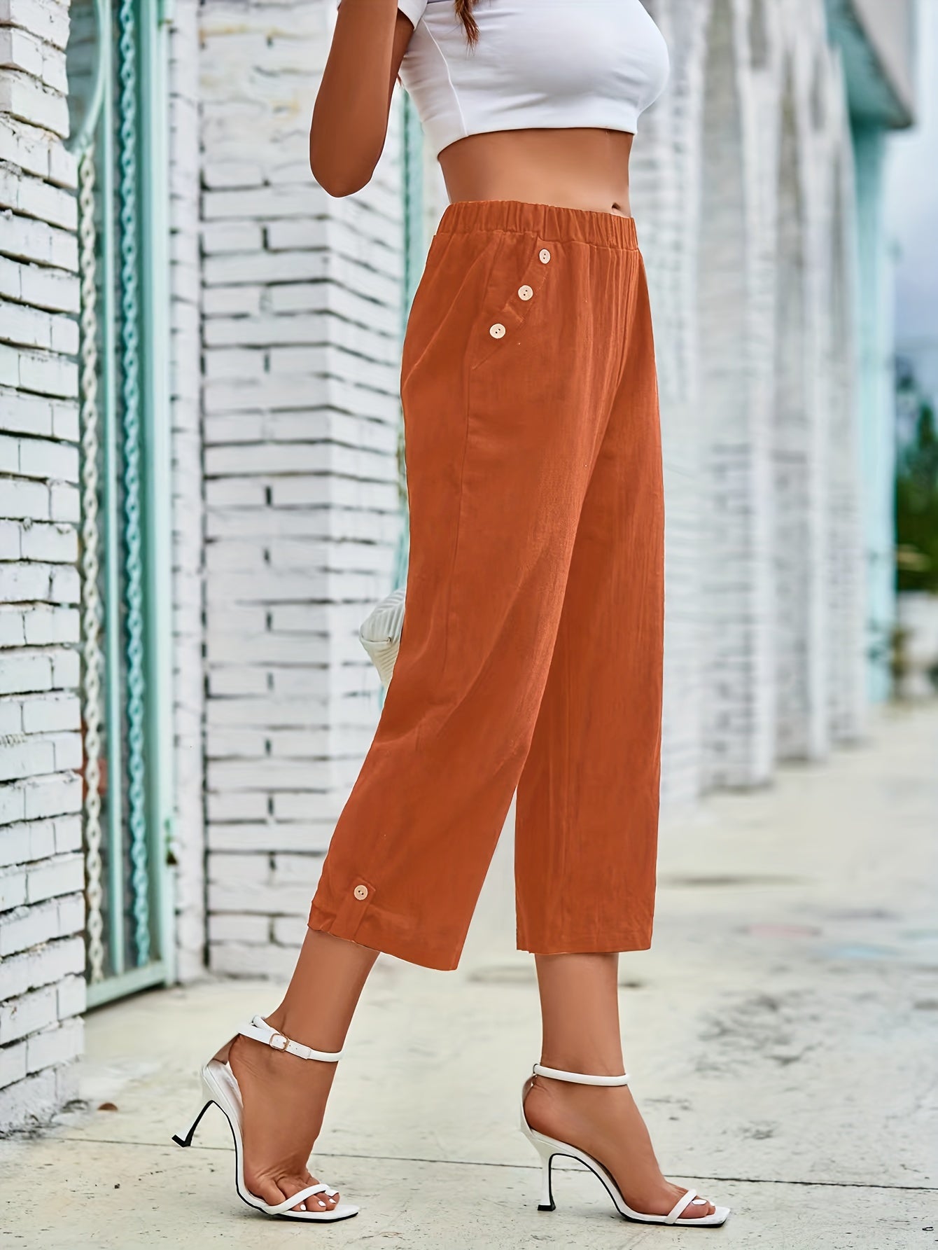 Elegant Directional Decorative Button Casual Capri Pants for Women - veyora