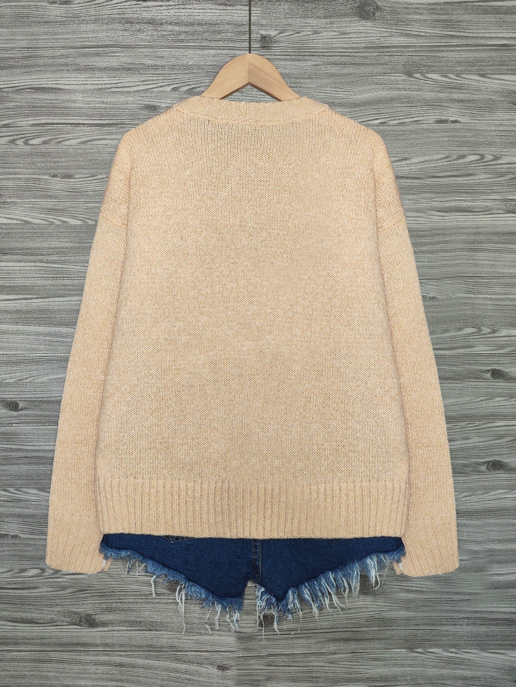 [Casual Cat Print Sweater] Color Block Cat Print Crew Neck Knit Sweater - Loose Fit Pullover - 100% Polyester - Women's Casual for Fall/Winter