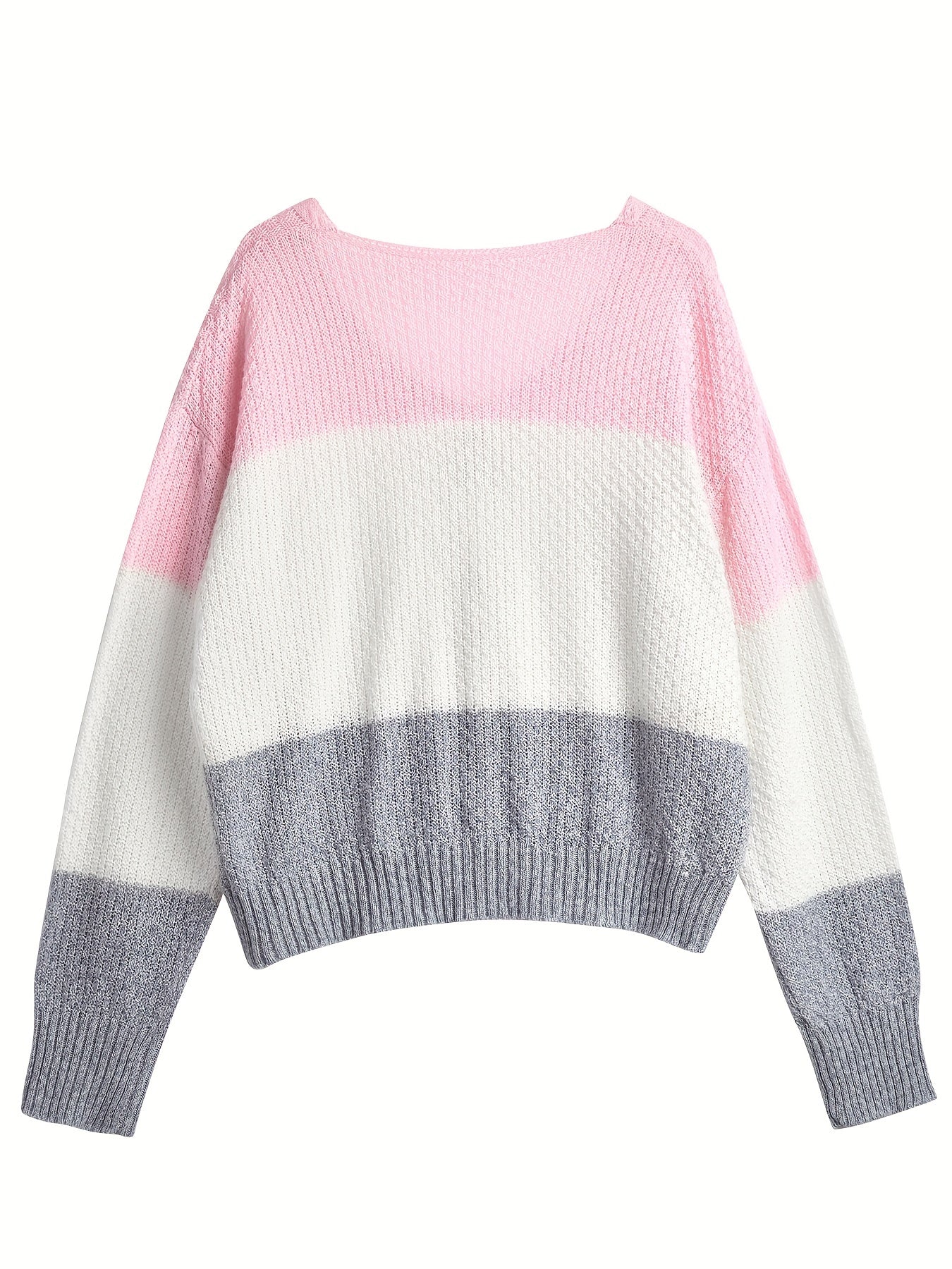 [Color-Block Sweater] V-Neck Color-Block Striped Casual Knitted Pullover, Women's Sweater with Faux Buttons