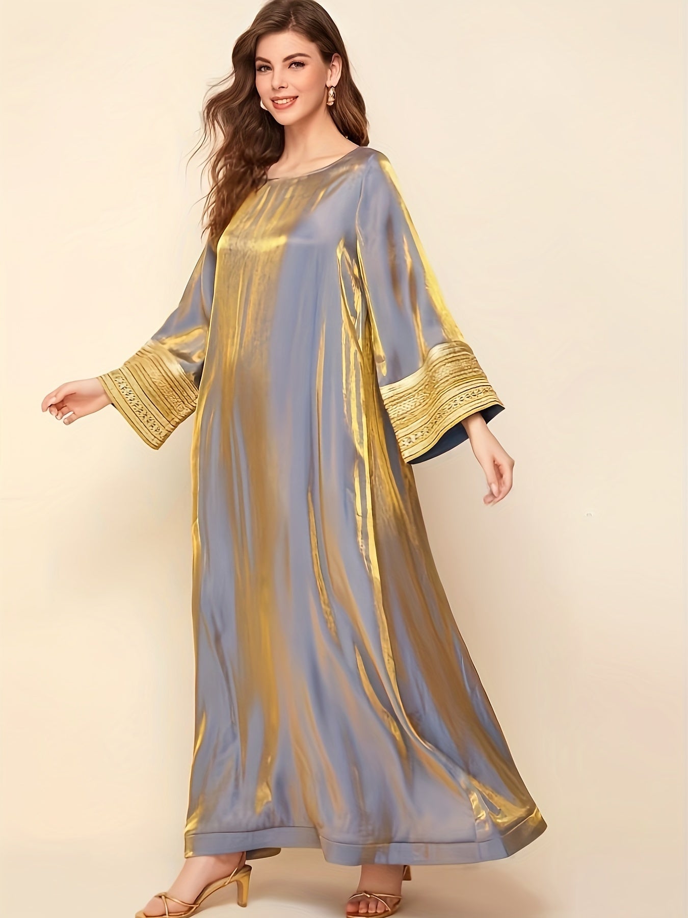 Luxurious Long Sleeve Maxi Kaftan Dress - Elegant Crew Neck, Contrast Sequin Details, Polyester Fabric, Solid Color, Woven, No Elasticity, Middle East Style, Perfect for All Seasons