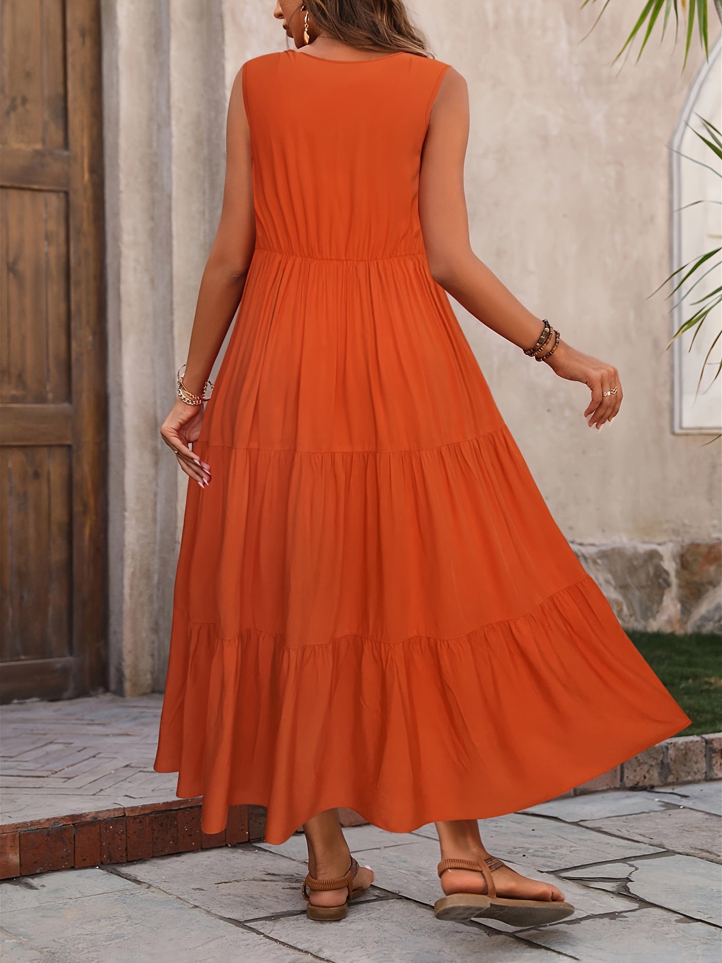 Loose Casual Sleeveless V Neck Ruffle Hem Dress for Spring & Summer, Women's Clothing