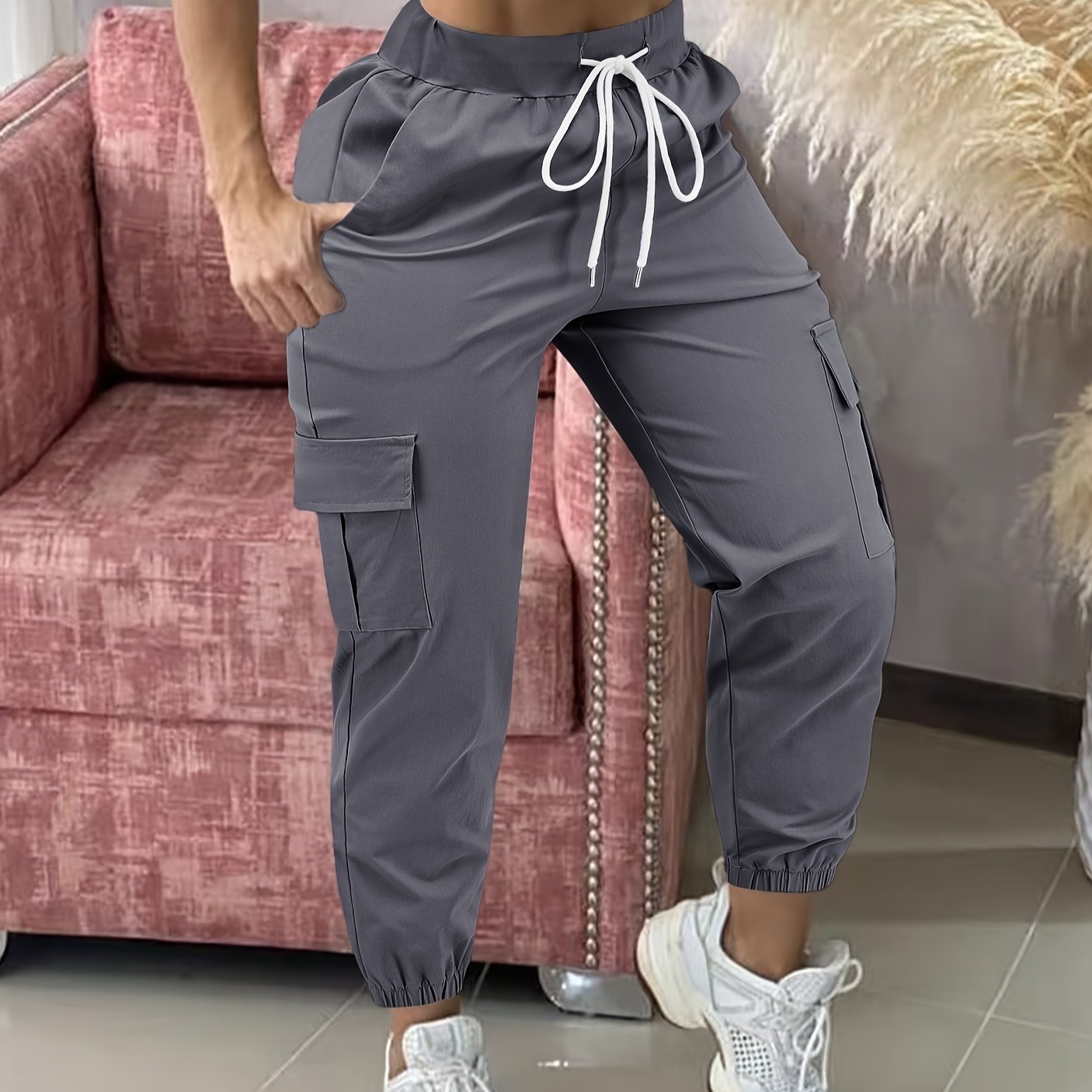 Women'S Casual Cargo Pants with Drawstring Waist, Beige, Multiple Pockets, Frayed Hem, White Sneakers, All - Season Comfort Fit, Casual Wear Pants | Frayed Hem Pants | Functional Pockets - veyora