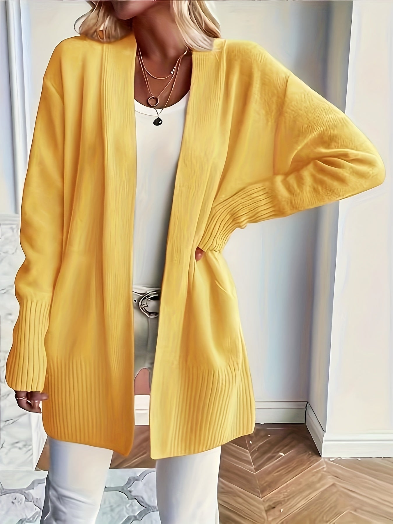 [Cozy Cardigan] Cozy Yellow Women's Knit Cardigan | Long Sleeve, V-Neck, Loose Fit, Fall & Winter Stylish Pullover, Autumn Winter Apparel, Vibrant Cardigan, Knit Construction, Cardigan Sweater