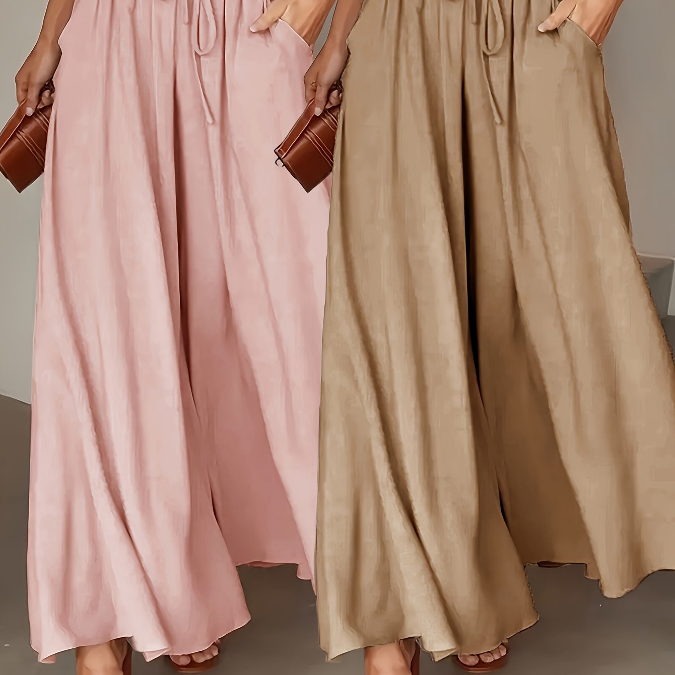 Two - pack Women's casual high - waisted comfortable breathable pocket drawstring loose wide - leg pants - veyora