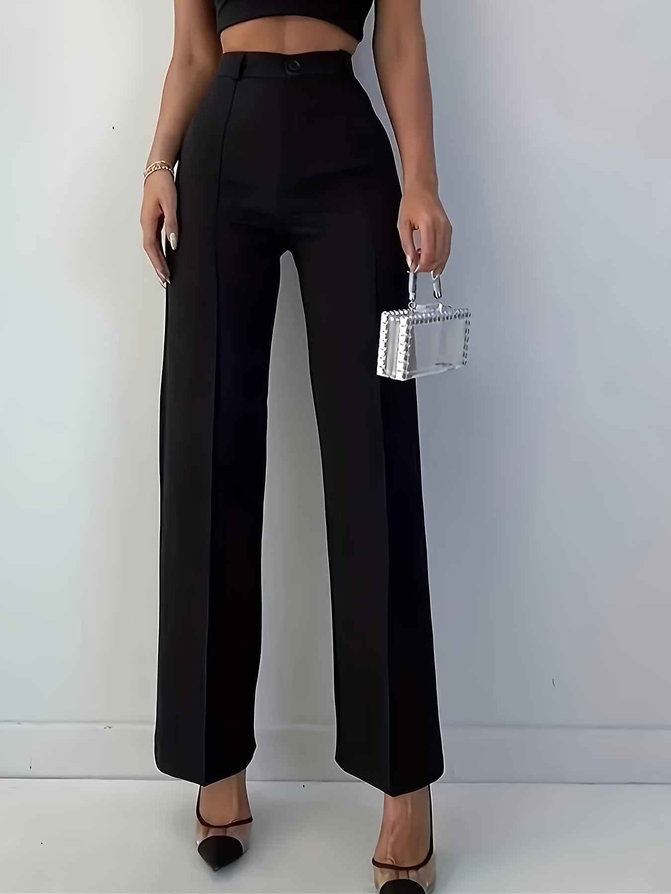 Women's Elegant Black Straight - Leg Trousers - Zipper and Button Design, Openable, Business Casual Suit Pants, Pairs with High Heels, for Daily Commuting and Work, Machine Washable, Soft and Comfortable Fabric, Belt Included - veyora