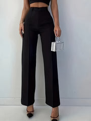 Women's Elegant Black Straight - Leg Trousers - Zipper and Button Design, Openable, Business Casual Suit Pants, Pairs with High Heels, for Daily Commuting and Work, Machine Washable, Soft and Comfortable Fabric, Belt Included - veyora