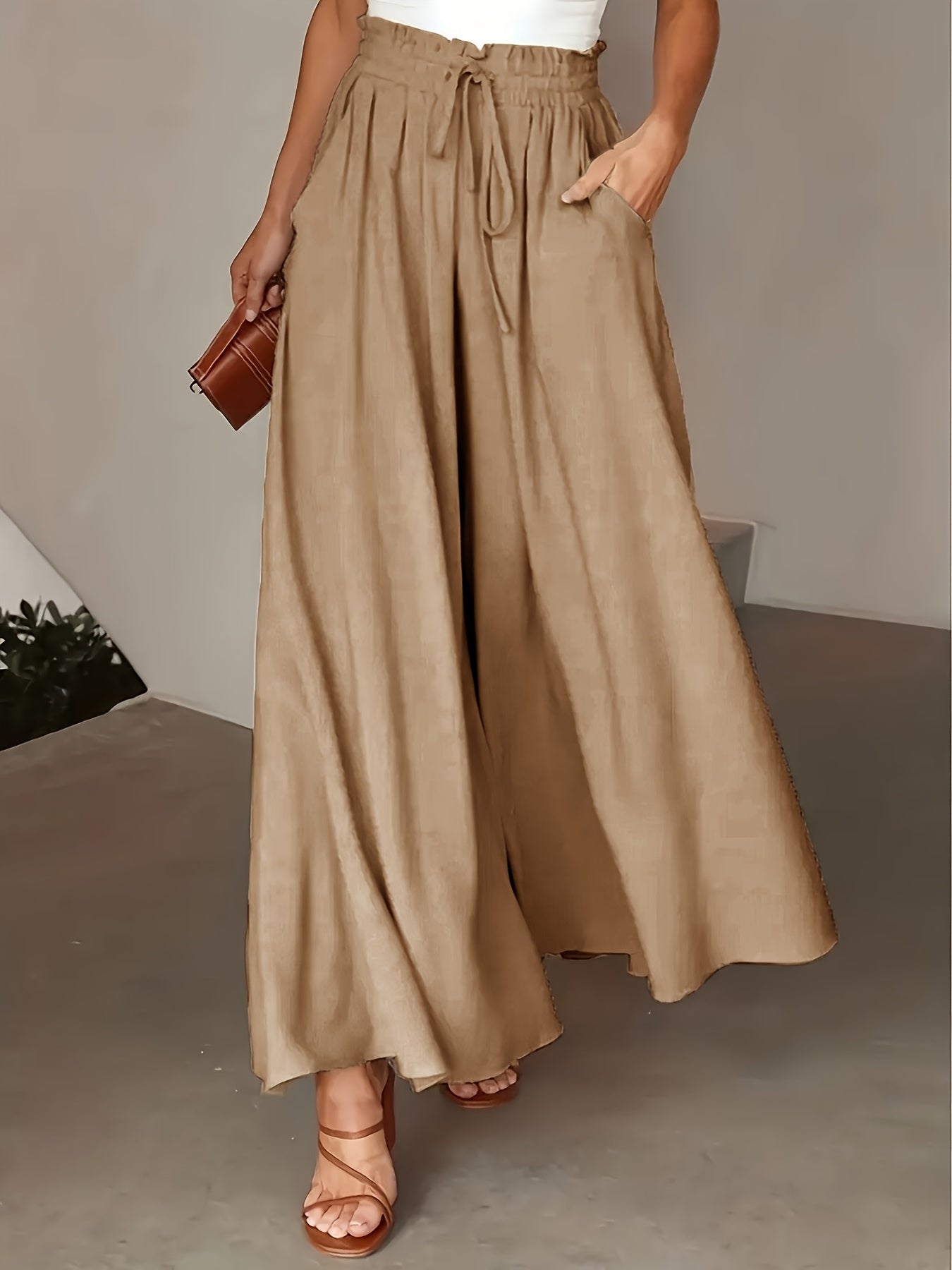 Two - pack Women's casual high - waisted comfortable breathable pocket drawstring loose wide - leg pants - veyora