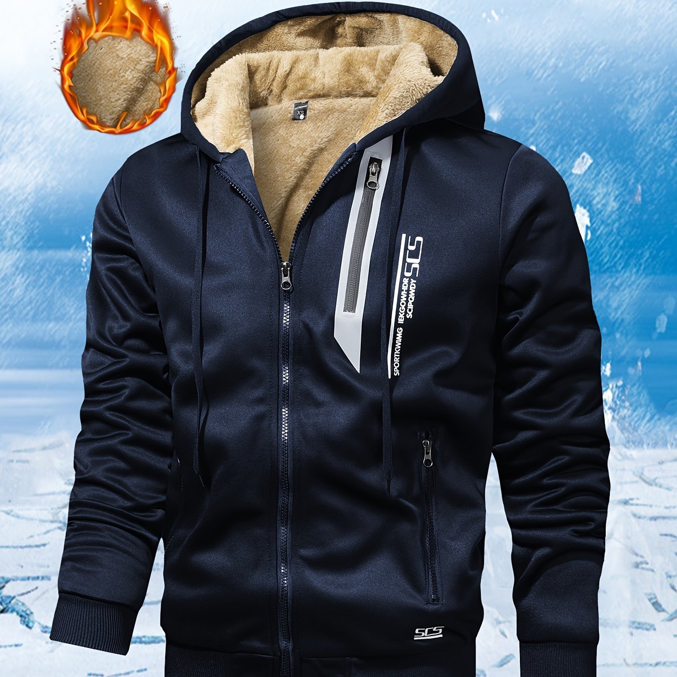 Men'S Winter Fleece - Lined Hooded Jacket - Warm, Thickened Polyester Sportswear with Zipper Closure and Side Pockets for Casual and Athletic Use - veyora