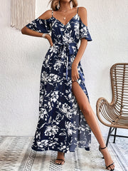 Vibrant Floral Print A-Line Dress - Cold Shoulder, Belted, Split Sleeveless, Elegant, Comfortable, Spring & Summer Essential - Women's Clothing, Perfect for Outdoor Activities