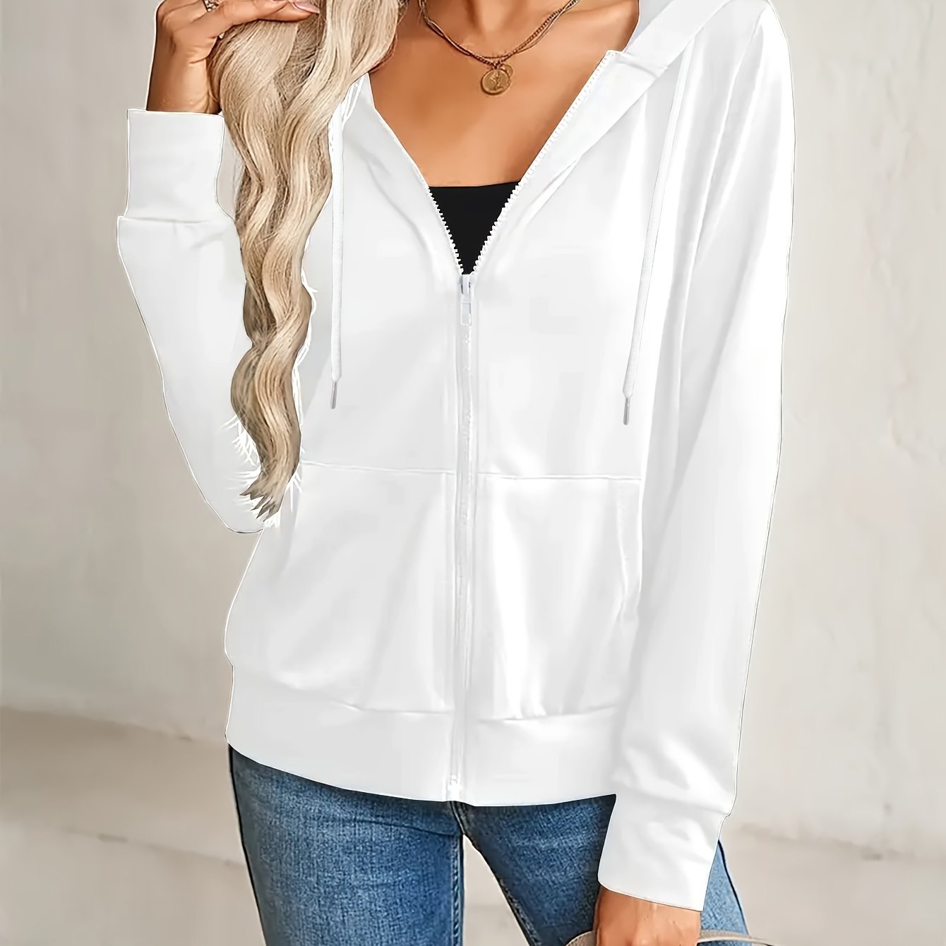 Fashion Women's Hooded Zip - Up Sweatshirt - Solid Color, Long Sleeve, Casual Sportswear with Adjustable Drawstring and Smooth Zipper Closure - Comfortable and Trendy - veyora
