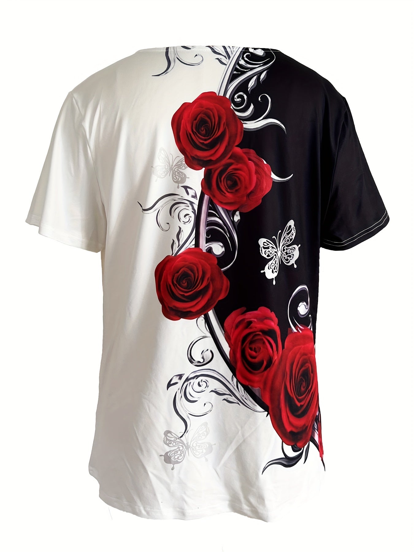Rose Print Color Block T-shirt, Casual Crew Neck Short Sleeve T-shirt, Women's Clothing - veyora
